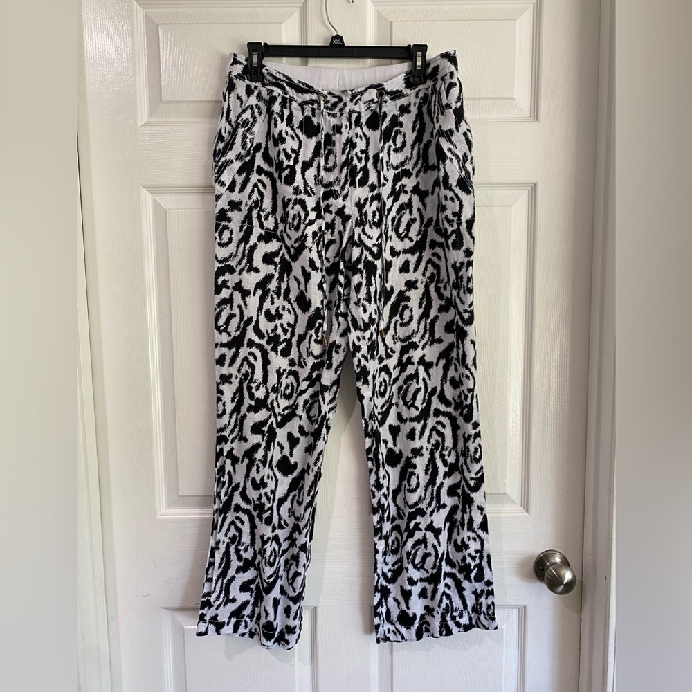 Madison 100% Linen Pants Size 12 Black and White Elastic Waist Drawstring Beach